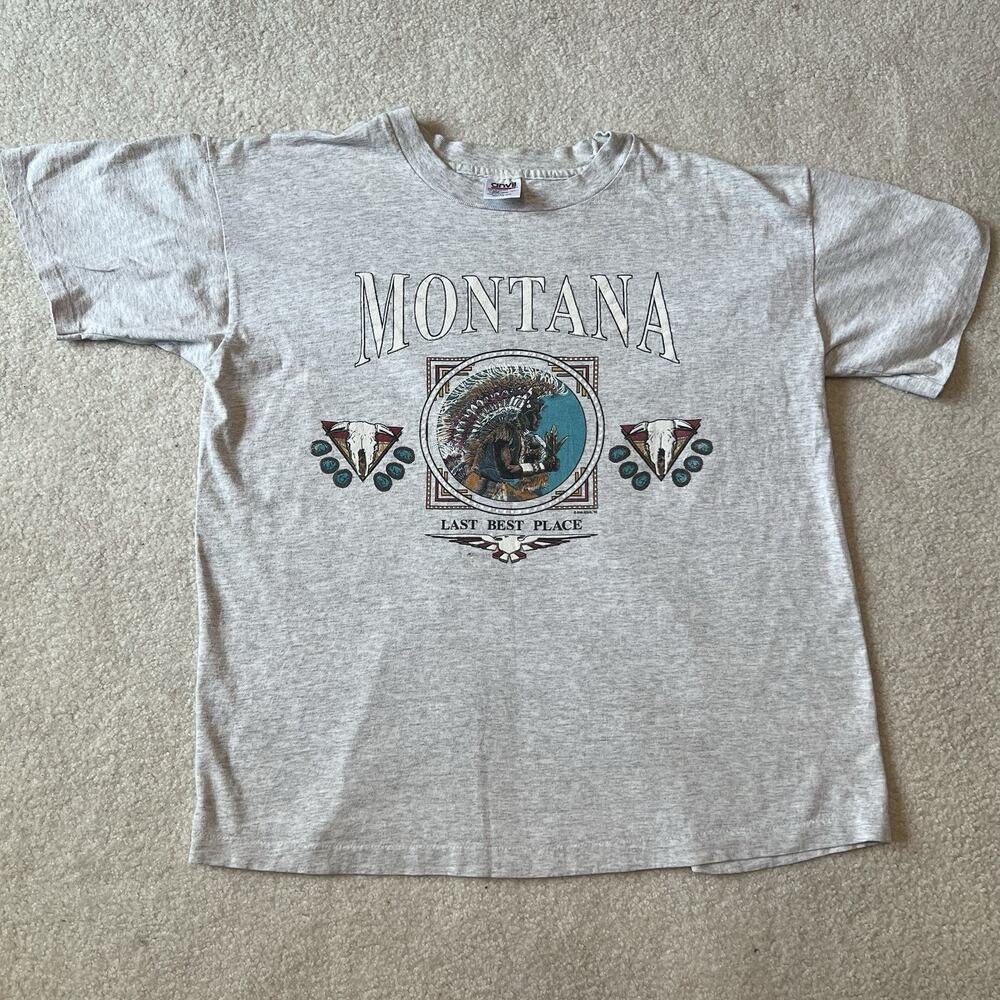 Vintage Montana T Shirt Gray XL 90s Last Best Place USA Native American Western